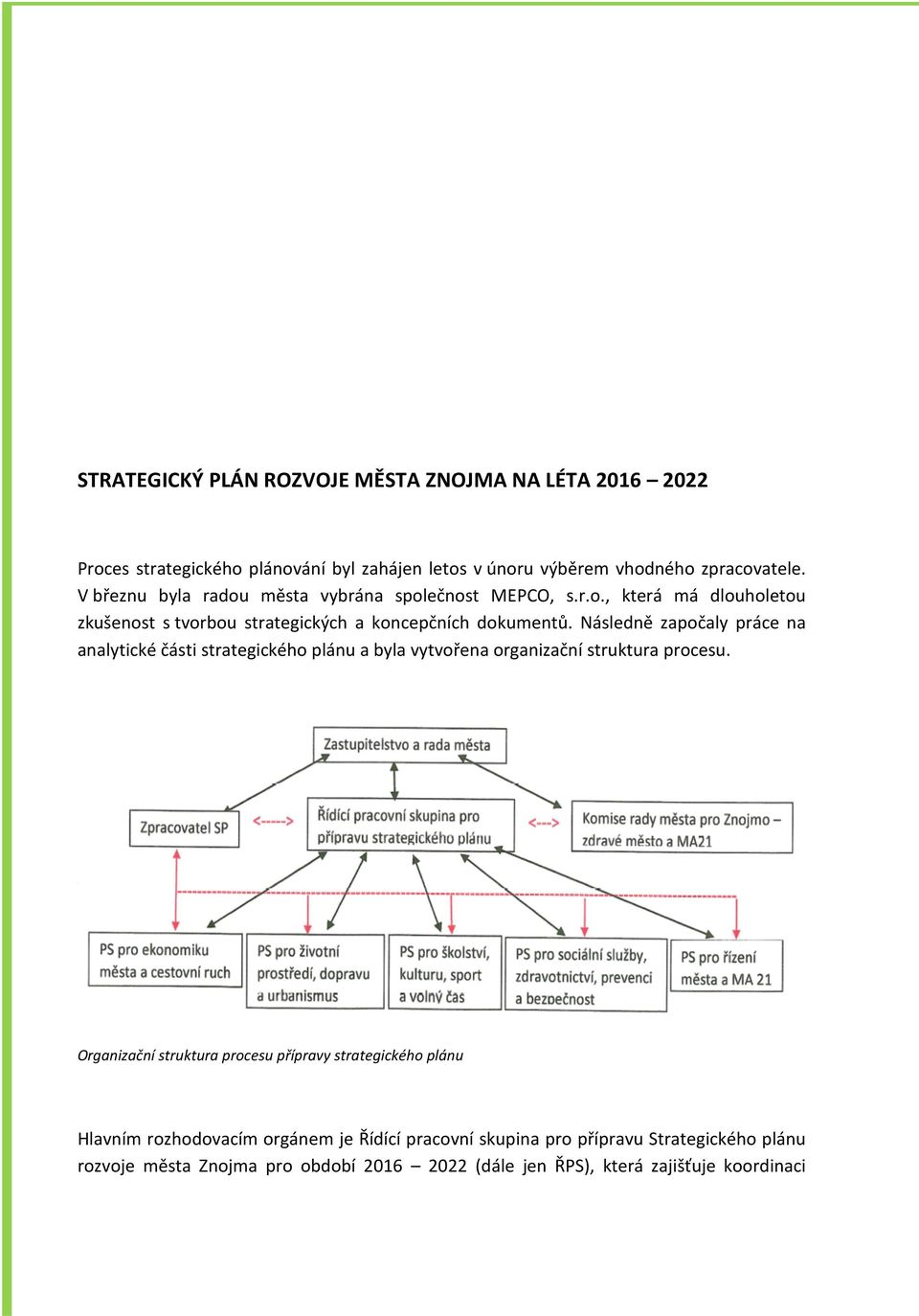 Následně započaly práce na analytické části strategického plánu a byla vytvořena organizační struktura procesu.