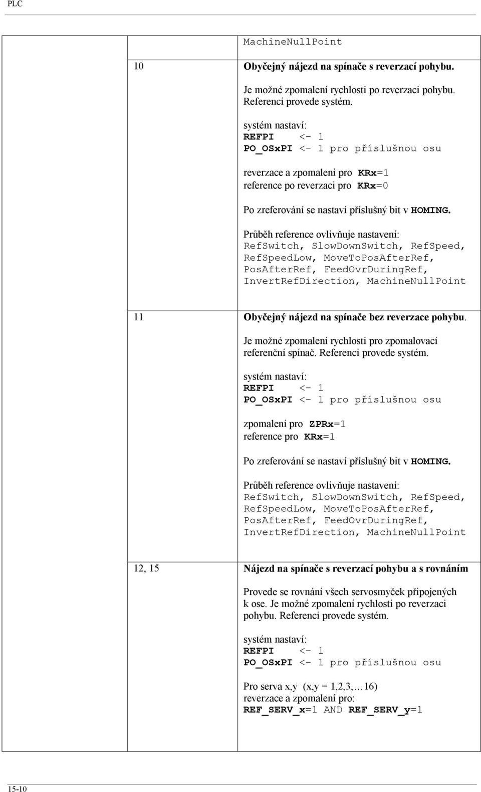 FeedOvrDuringRef, InvertRefDirection, MachineNullPoint 11 Obyčejný nájezd na spínače bez reverzace pohybu. Je možné zpomalení rychlosti pro zpomalovací referenční spínač. Referenci provede systém.