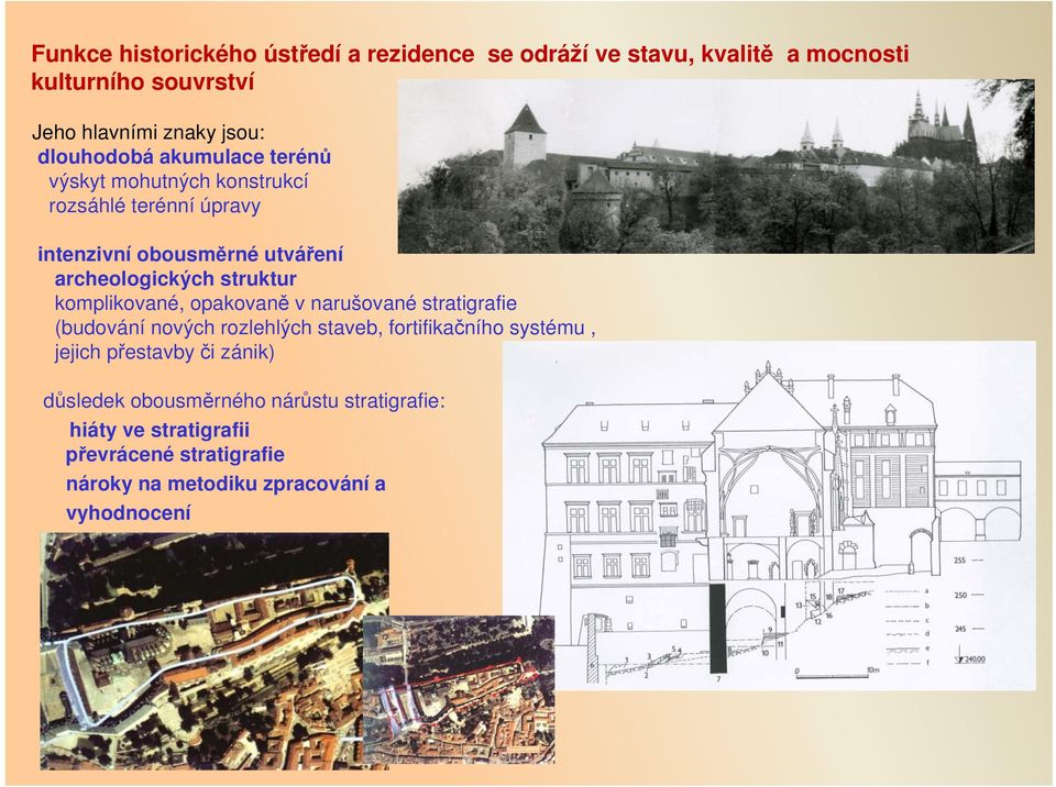 struktur komplikované, opakovaně v narušované stratigrafie (budování nových rozlehlých staveb, fortifikačního systému, jejich