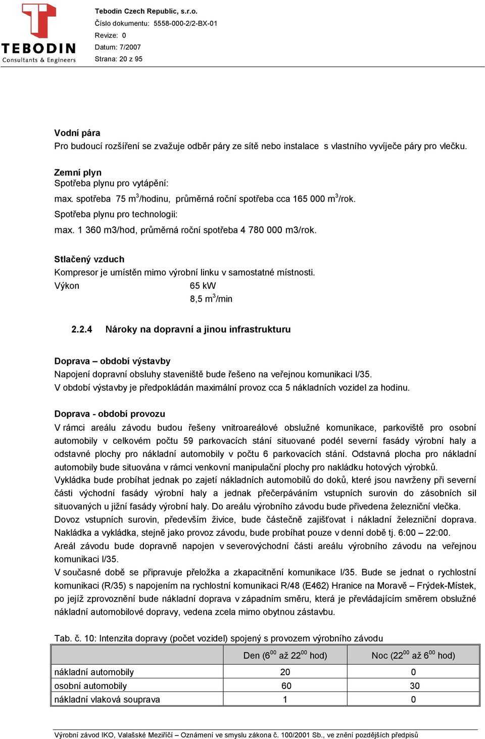 Stlačený vzduch Kompresor je umístěn mimo výrobní linku v samostatné místnosti. Výkon 65 kw 8,5 m 3 /min 2.