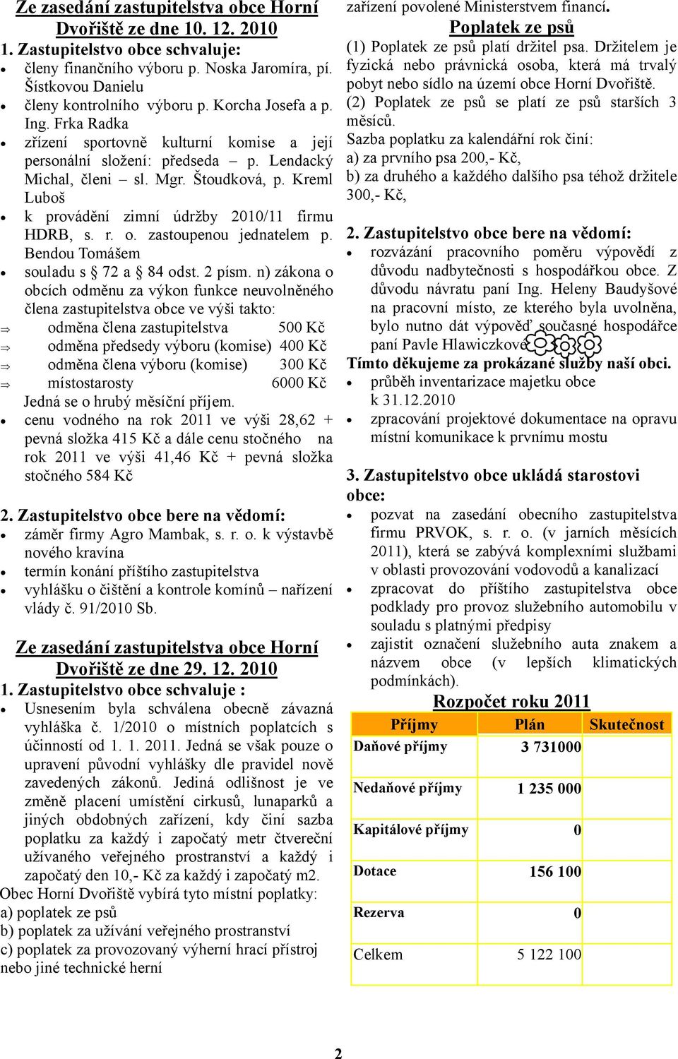 Kreml Luboš k provádění zimní údržby 2010/11 firmu HDRB, s. r. o. zastoupenou jednatelem p. Bendou Tomášem souladu s 72 a 84 odst. 2 písm.