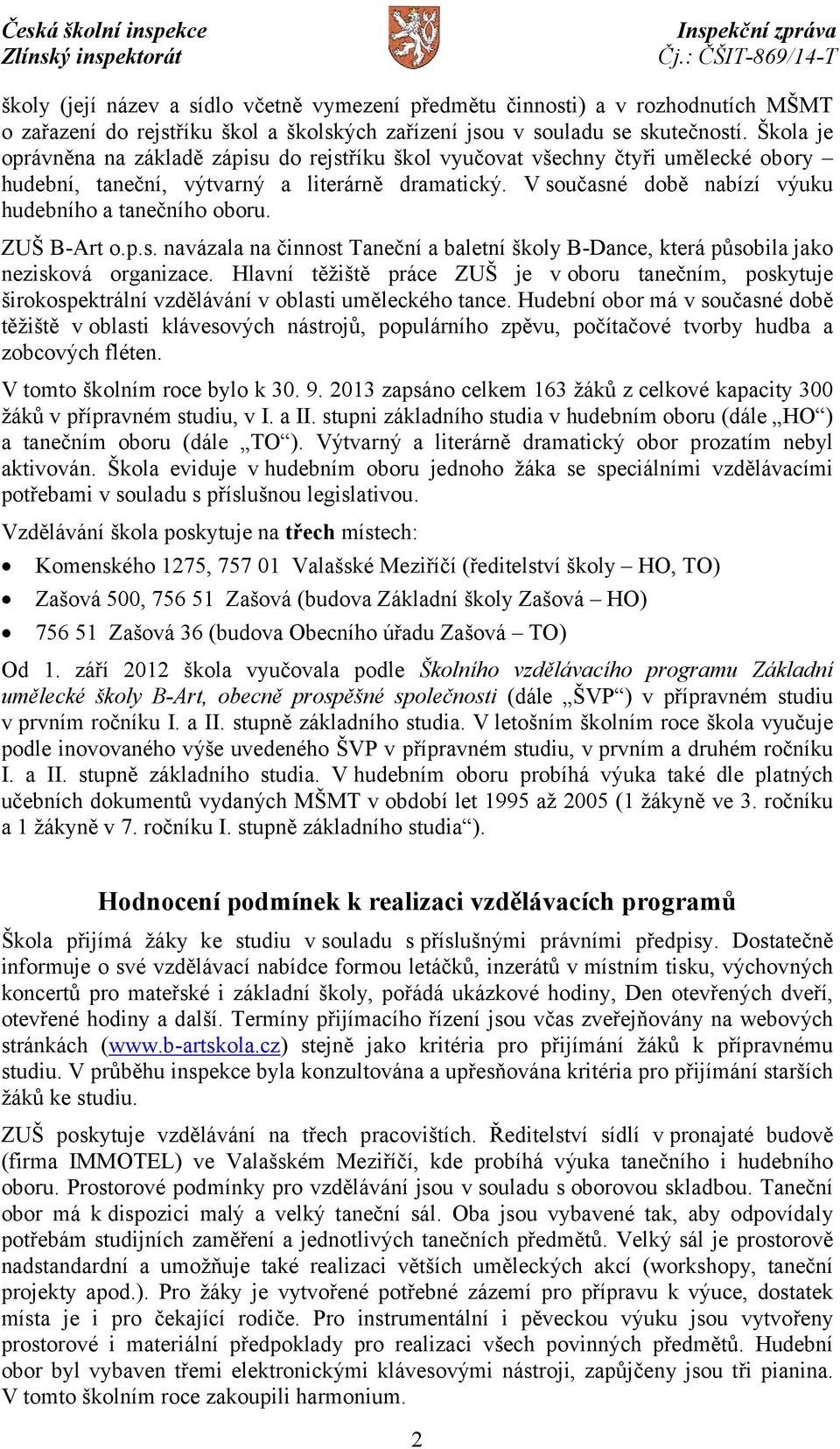 V současné době nabízí výuku hudebního a tanečního oboru. ZUŠ B-Art o.p.s. navázala na činnost Taneční a baletní školy B-Dance, která působila jako nezisková organizace.