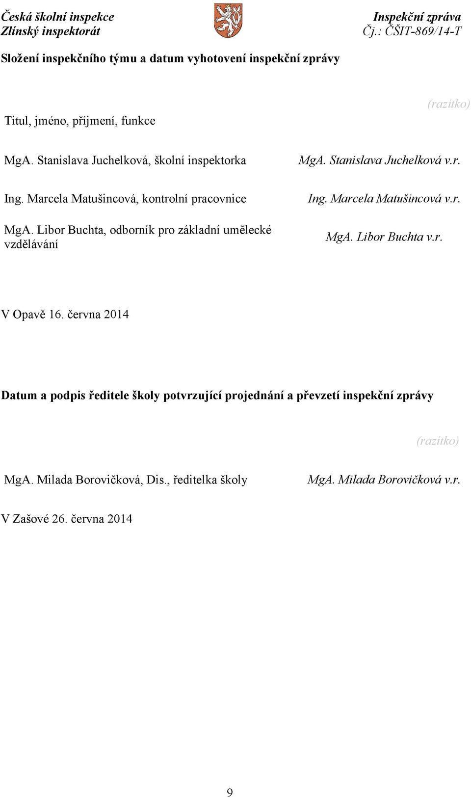 Libor Buchta, odborník pro základní umělecké vzdělávání Ing. Marcela Matušincová v.r. MgA. Libor Buchta v.r. V Opavě 16.