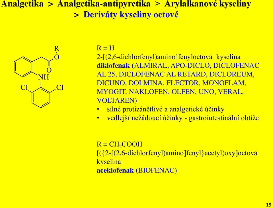 DICLREUM, DICU, DLMIA, FLECTR, MFLAM, MYGIT, AKLFE, LFE, U, VERAL, VLTARE) silné protizánětlivé a analgetické účinky