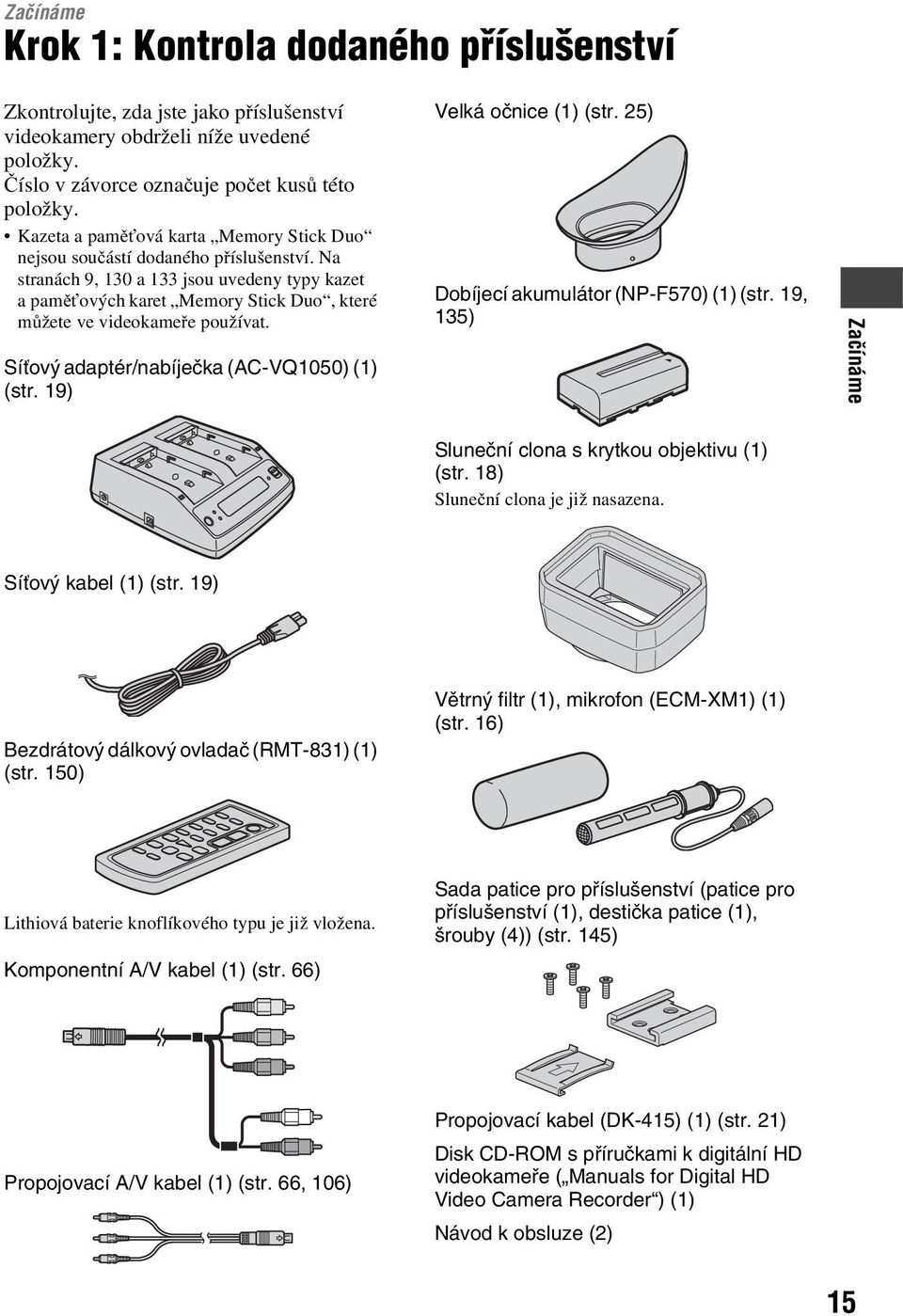 Na stranách 9, 130 a 133 jsou uvedeny typy kazet apaměťových karet Memory Stick Duo, které můžetevevideokameře používat. Síťový adaptér/nabíječka (AC-VQ1050) (1) (str. 19) Velká očnice (1) (str.