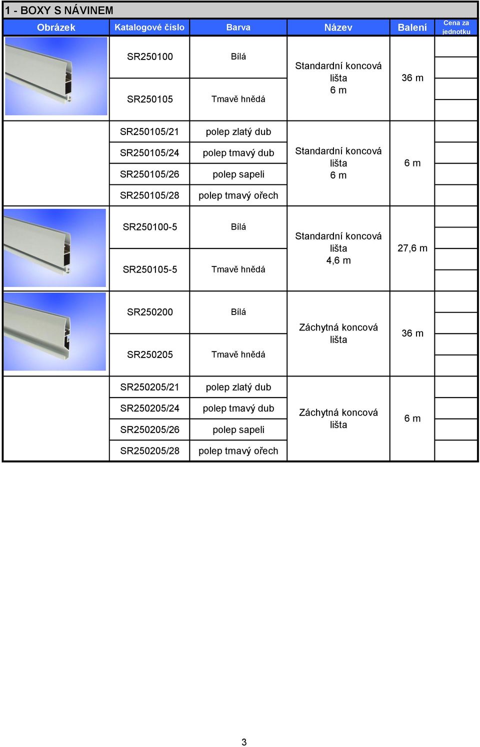 SR250105-5 Standardní koncová lišta 4, 27, SR250200 Záchytná koncová lišta 3