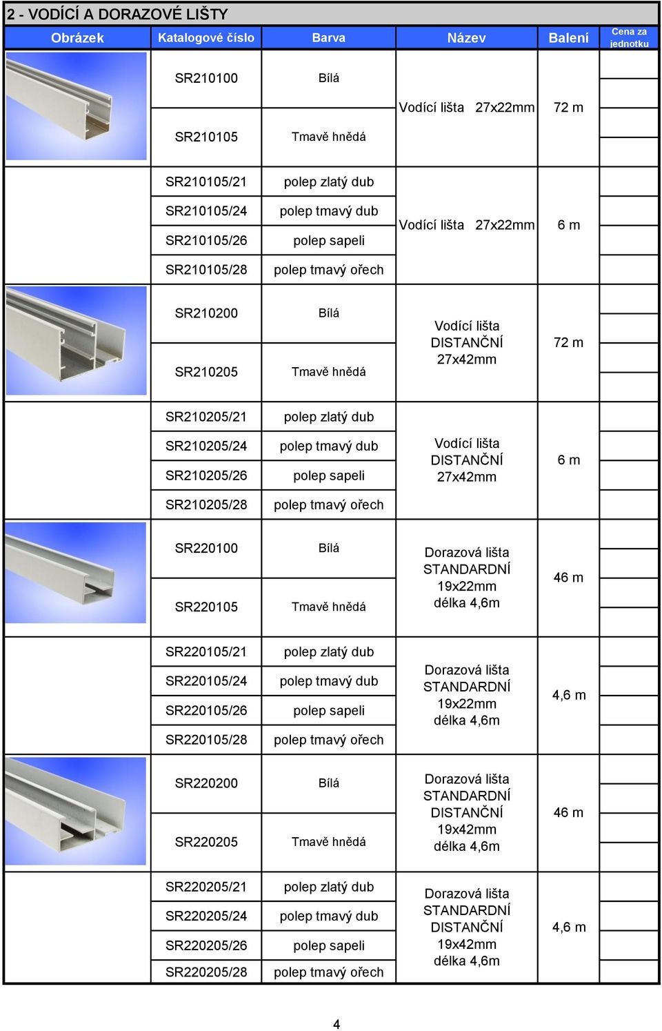 SR220100 SR220105 STANDARDNÍ 1922mm délka 4,6m 4 SR220105/21 SR220105/24 SR220105/26 SR220105/28 STANDARDNÍ 1922mm délka 4,6m