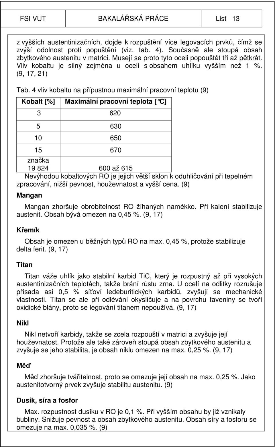 4 vliv kobaltu na přípustnou maximální pracovní teplotu (9) Kobalt [%] Maximální pracovní teplota [ C] 3 620 5 630 10 650 15 670 značka 19 824 600 až 615 Nevýhodou kobaltových RO je jejich větší