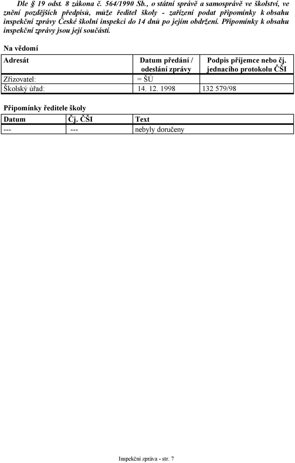 inspekční zprávy České školní inspekci do 14 dnů po jejím obdržení. Připomínky k obsahu inspekční zprávy jsou její součástí.