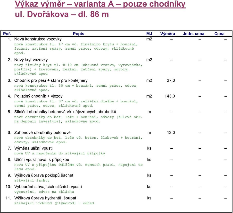 Pojízdný chodník + vjezdy m2 143,0 zemní práce, odvoz, skládkovné na deponii