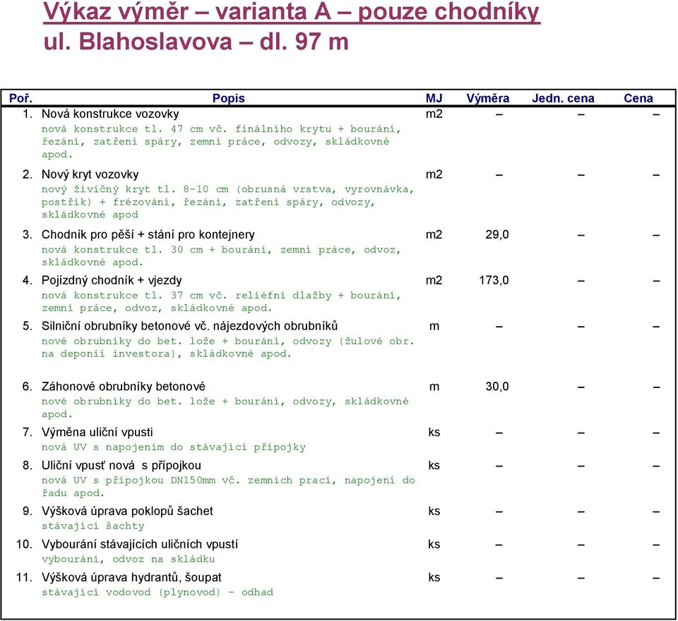 4. Pojízdný chodník + vjezdy m2 173,0 zemní práce, odvoz,