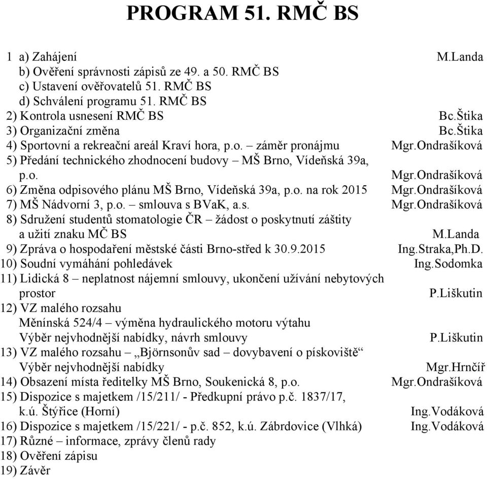 o. na rok 2015 Mgr.Ondrašíková 7) MŠ Nádvorní 3, p.o. smlouva s BVaK, a.s. Mgr.Ondrašíková 8) Sdružení studentů stomatologie ČR žádost o poskytnutí záštity a užití znaku MČ BS M.