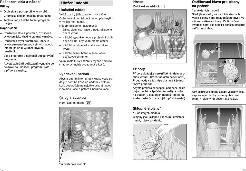 Informujte se u výrobce mycího prostředku. Volte programy s nejkratší dobou trvání programu. Abyste zabránili poškození, vyndejte co nejdříve po ukončení programu sklo a příbory z myčky.