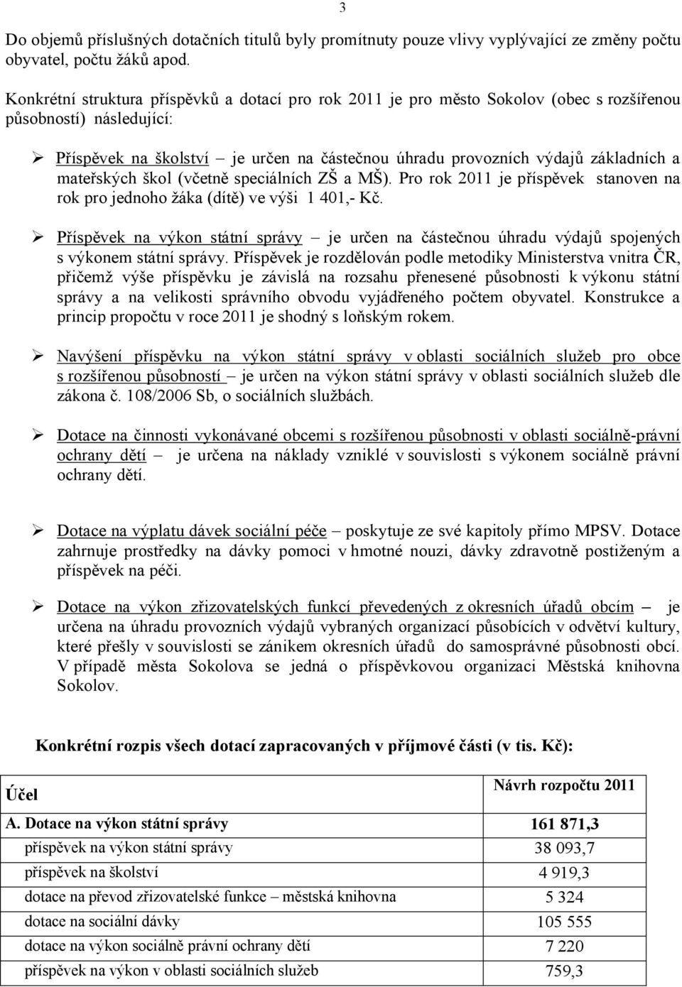 mateřských škol (včetně speciálních ZŠ a MŠ). Pro rok 2011 je příspěvek stanoven na rok pro jednoho žáka (dítě) ve výši 1 401,- Kč.