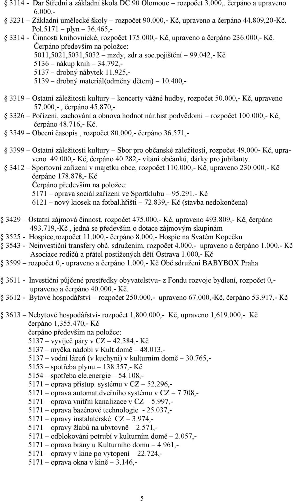 925,- 5139 drobný materiál(odměny dětem) 10.400,- 3319 Ostatní záležitosti kultury koncerty vážné hudby, rozpočet 50.000,- Kč, upraveno 57.000,-, čerpáno 45.