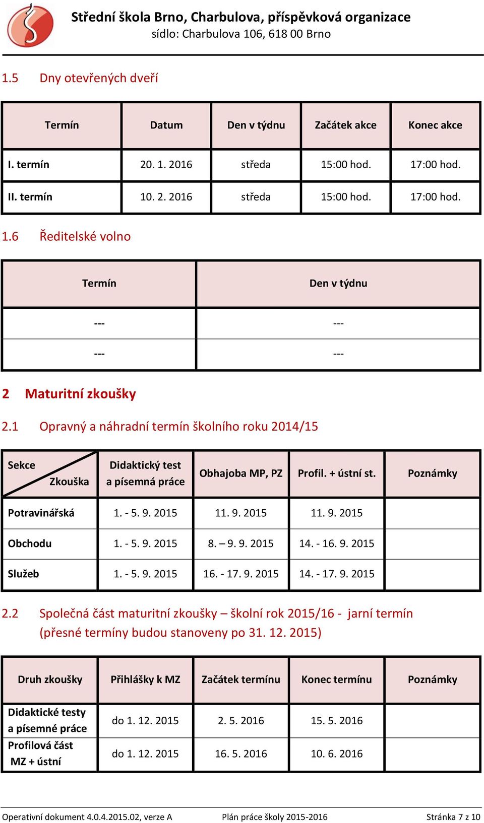 9. 9. 2015 14. - 16. 9. 2015 Služeb 1. - 5. 9. 2015 16. - 17. 9. 2015 14. - 17. 9. 2015 2.2 Společná část maturitní zkoušky školní rok 2015/16 - jarní termín (přesné termíny buu stanoveny po 31. 12.