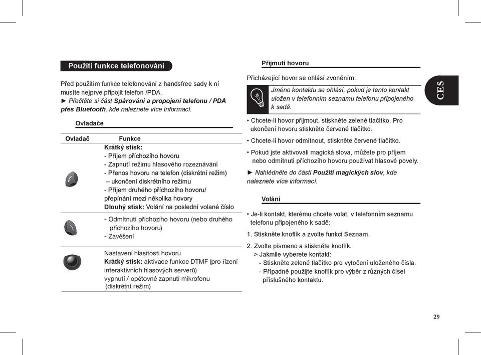 Ovladače Funkce Krátký stisk: - Zapnutí režimu hlasového rozeznávání Dlouhý stisk: - Odmítnutí p íchozího hovoru (nebo druhého p íchozího hovoru) - Zav šení Nastavení hlasitosti hovoru Krátký stisk: