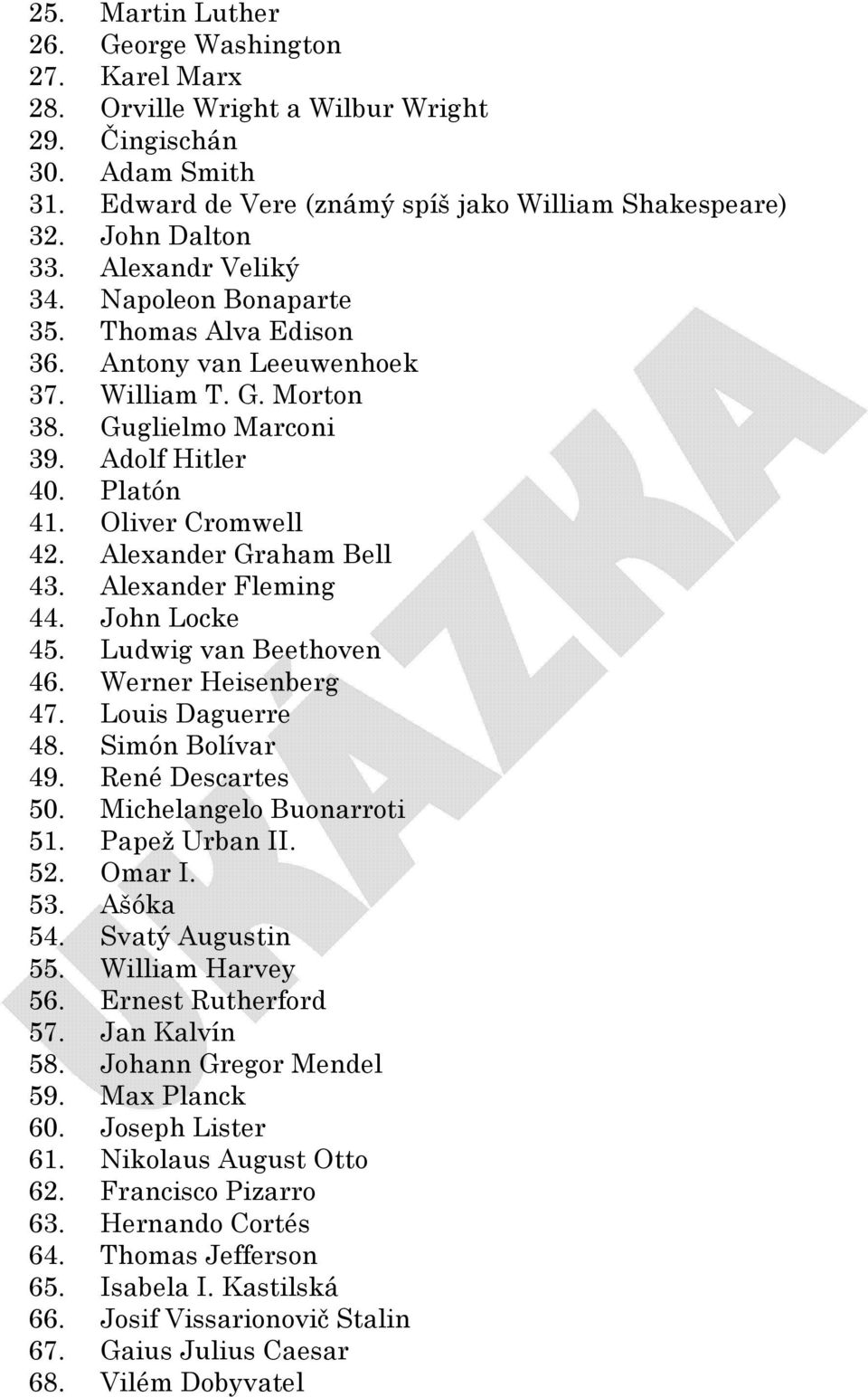 Alexander Graham Bell 43. Alexander Fleming 44. John Locke 45. Ludwig van Beethoven 46. Werner Heisenberg 47. Louis Daguerre 48. Simón Bolívar 49. René Descartes 50. Michelangelo Buonarroti 51.