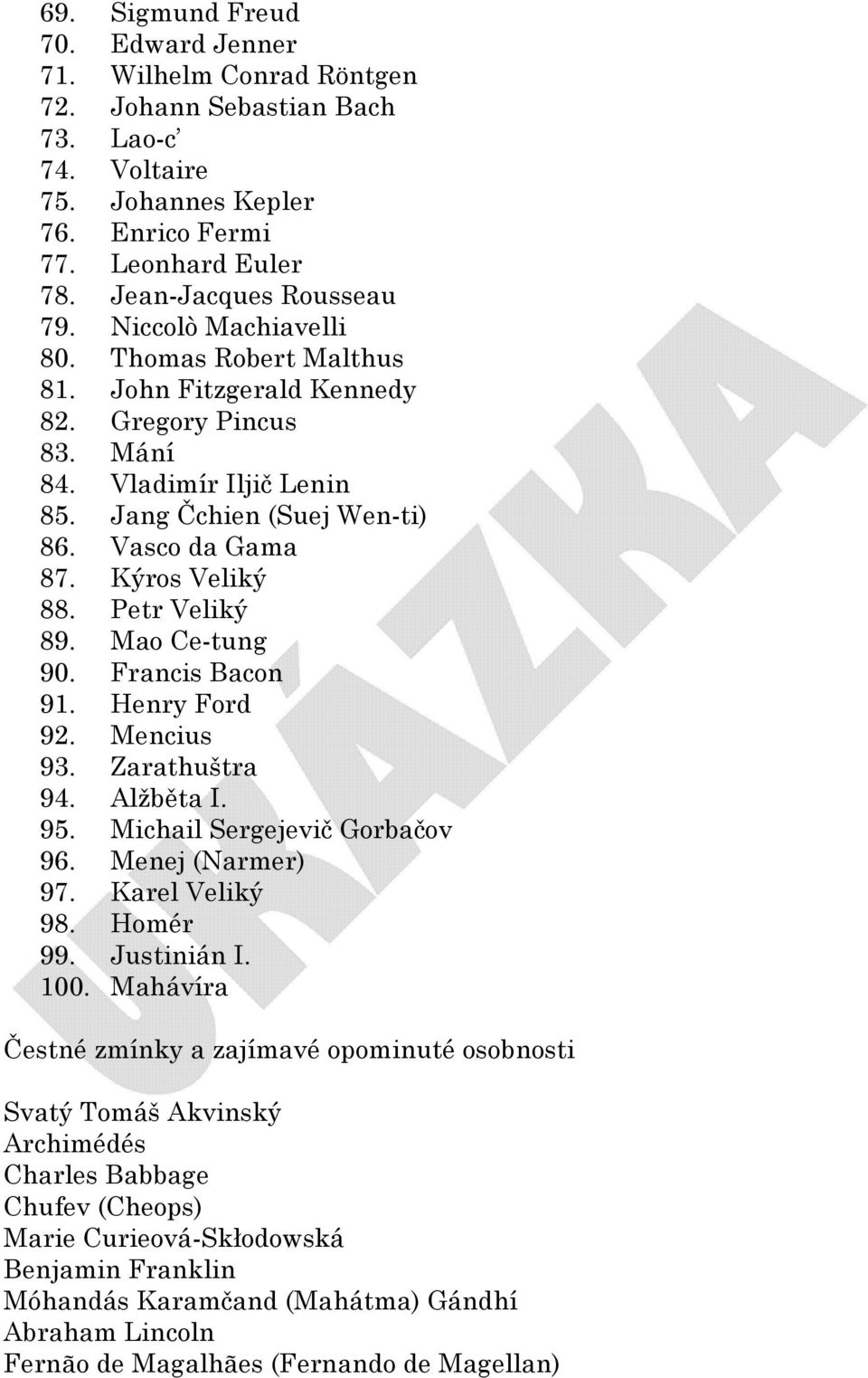 Petr Veliký 89. Mao Ce-tung 90. Francis Bacon 91. Henry Ford 92. Mencius 93. Zarathuštra 94. Alžběta I. 95. Michail Sergejevič Gorbačov 96. Menej (Narmer) 97. Karel Veliký 98. Homér 99. Justinián I.