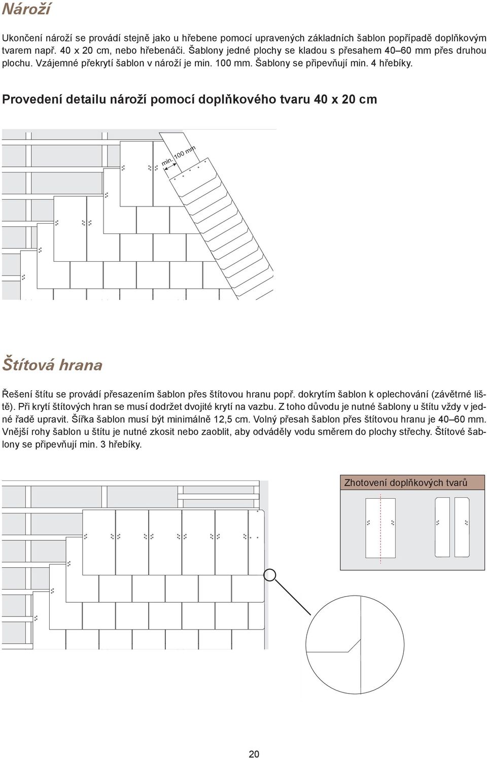 Provedení detailu nároží pomocí doplňkového tvaru 40 x 20 cm Štítová hrana Řešení štítu se provádí přesazením šablon přes štítovou hranu popř. dokrytím šablon k oplechování (závětrné liště).