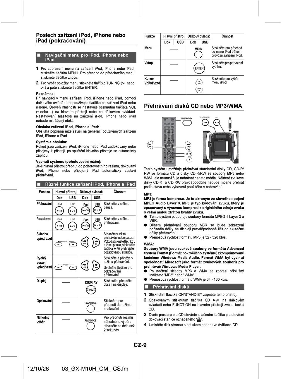 Při navigaci v menu zařízení ipod, iphone nebo ipad, pomocí dálkového ovládání, nepoužívejte tlačítka na zařízení ipod nebo iphone.