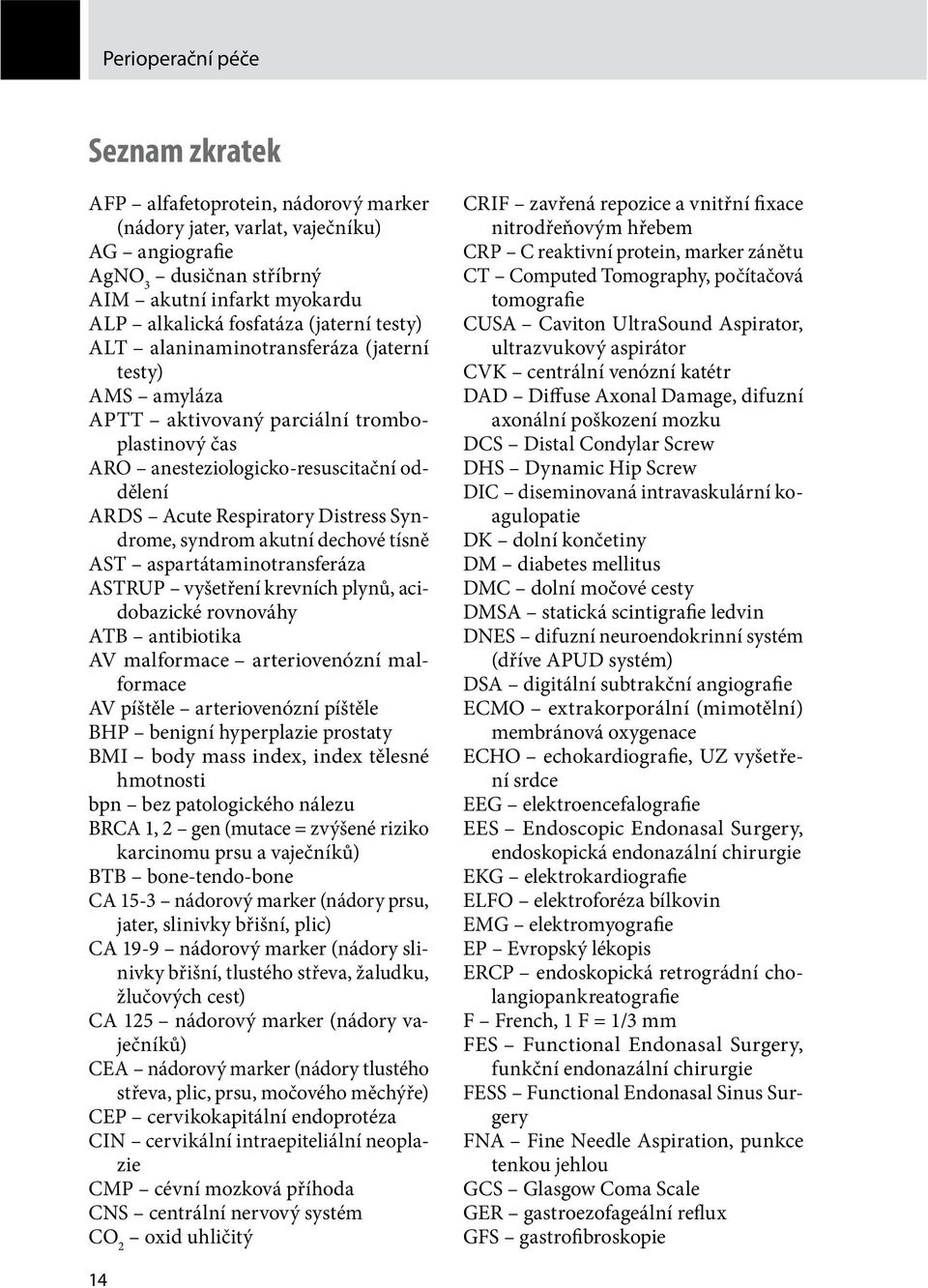 Syndrome, syndrom akutní dechové tísně AST aspartátaminotransferáza ASTRUP vyšetření krevních plynů, acidobazické rovnováhy ATB antibiotika AV malformace arteriovenózní malformace AV píštěle