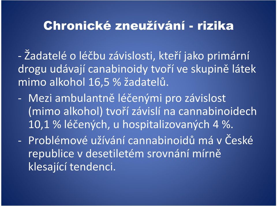 - Mezi ambulantně léčenými pro závislost (mimo alkohol) tvoří závislí na cannabinoidech 10,1 %