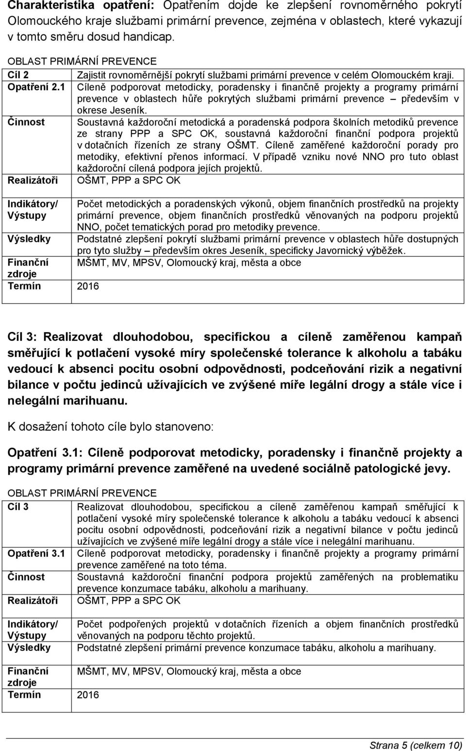 1 Cíleně podporovat metodicky, poradensky i finančně projekty a programy primární prevence v oblastech hůře pokrytých službami primární prevence především v okrese Jeseník.