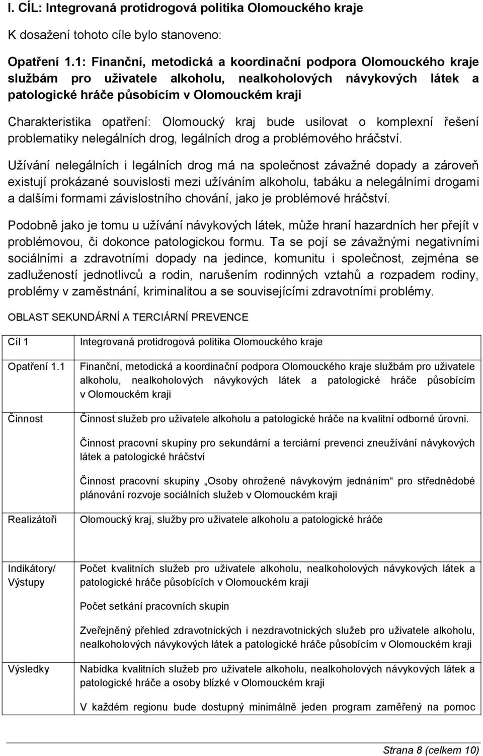 opatření: Olomoucký kraj bude usilovat o komplexní řešení problematiky nelegálních drog, legálních drog a problémového hráčství.