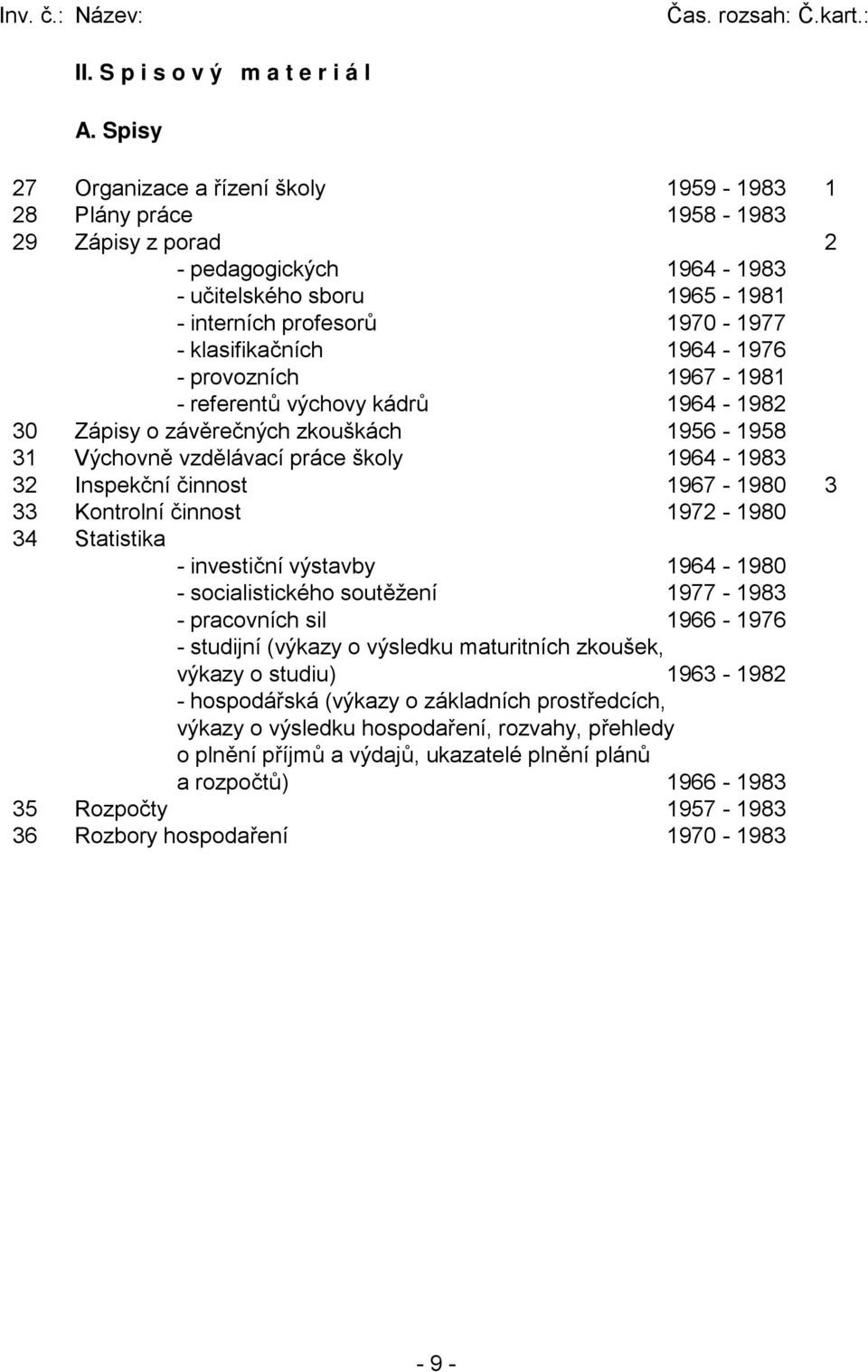 1964-1976 - provozních 1967-1981 - referentů výchovy kádrů 1964-1982 30 Zápisy o závěrečných zkouškách 1956-1958 31 Výchovně vzdělávací práce školy 1964-1983 32 Inspekční činnost 1967-1980 3 33