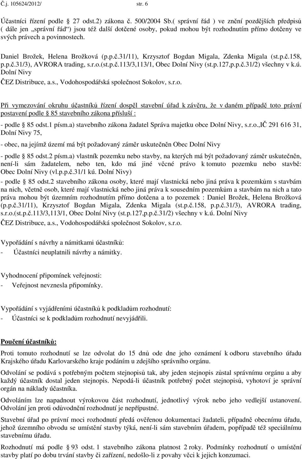 Daniel Brožek, Helena Brožková (p.p.č.31/11), Krzysztof Bogdan Migala, Zdenka Migala (st.p.č.158, p.p.č.31/3), AVRORA trading, s.r.o.(st.p.č.113/3,113/1, Obec Dolní Nivy (st.p.127,p.p.č.31/2) všechny v k.