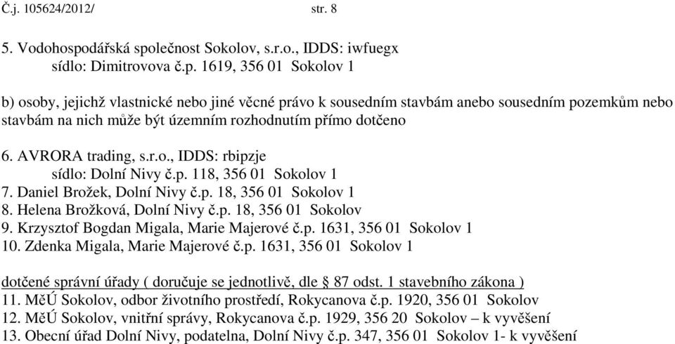 AVRORA trading, s.r.o., IDDS: rbipzje sídlo: Dolní Nivy č.p. 118, 356 01 Sokolov 1 7. Daniel Brožek, Dolní Nivy č.p. 18, 356 01 Sokolov 1 8. Helena Brožková, Dolní Nivy č.p. 18, 356 01 Sokolov 9.