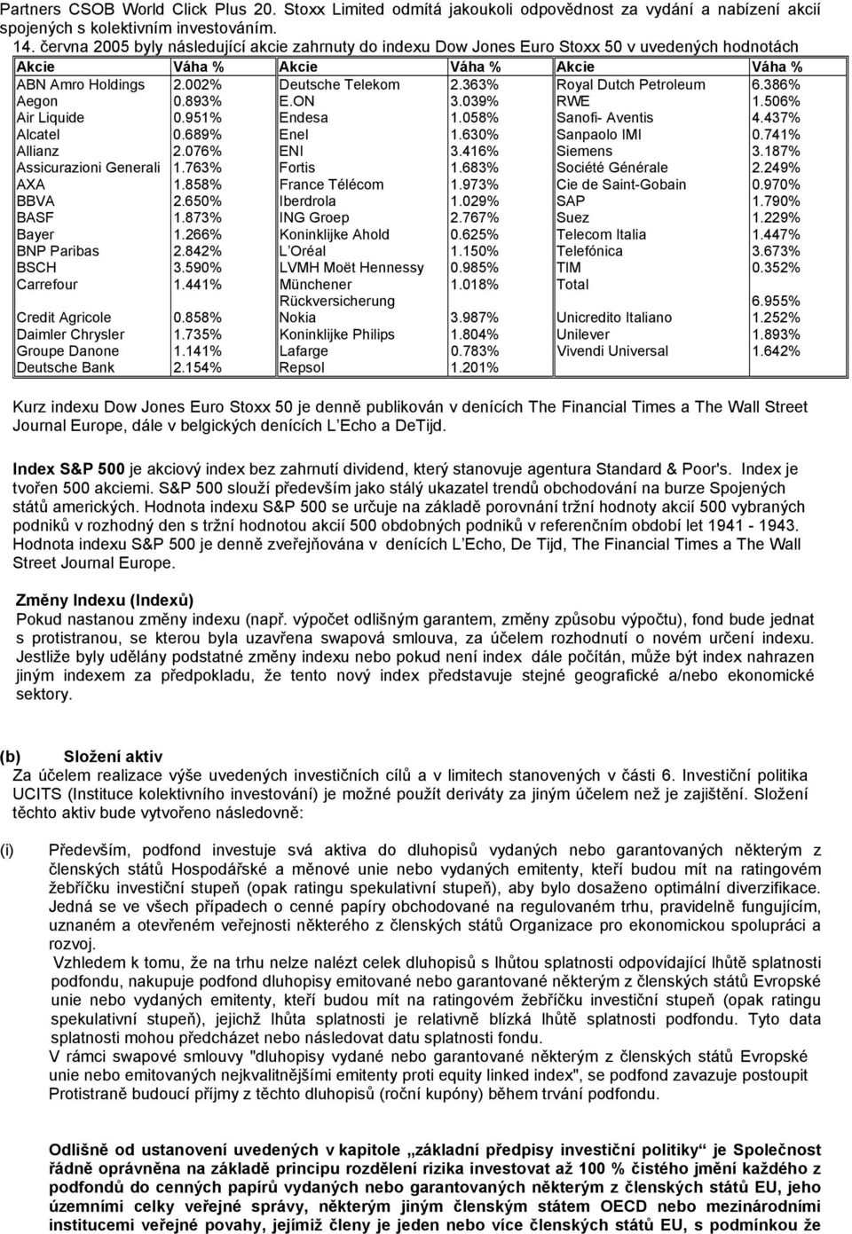 363% Royal Dutch Petroleum 6.386% Aegon 0.893% E.ON 3.039% RWE 1.506% Air Liquide 0.951% Endesa 1.058% Sanofi- Aventis 4.437% Alcatel 0.689% Enel 1.630% Sanpaolo IMI 0.741% Allianz 2.076% ENI 3.