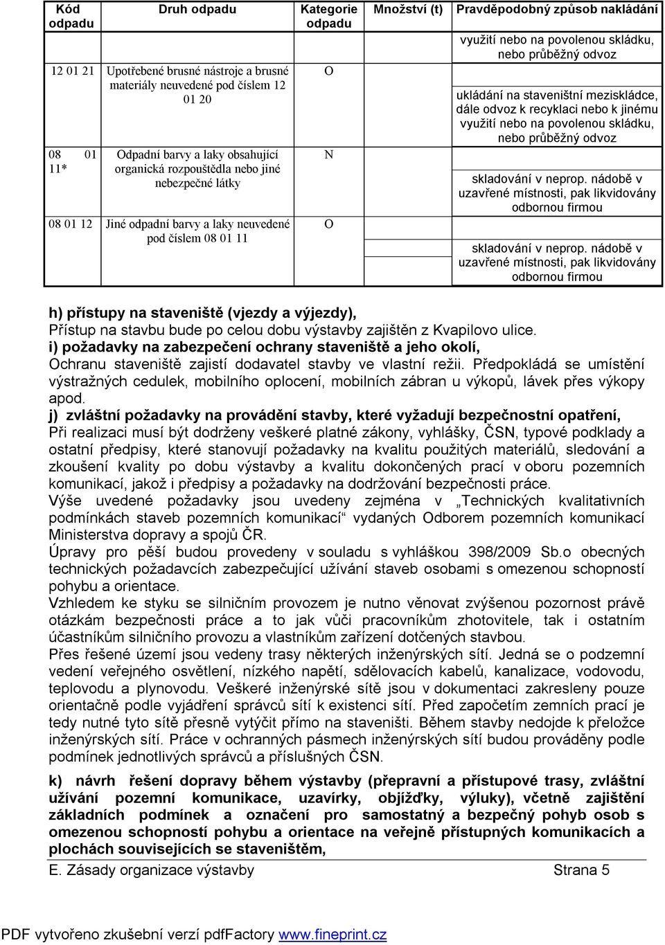 dále odvoz k recyklaci nebo k jinému využití nebo na povolenou skládku, nebo průběžný odvoz skladování v neprop. nádobě v uzavřené místnosti, pak likvidovány odbornou firmou skladování v neprop.