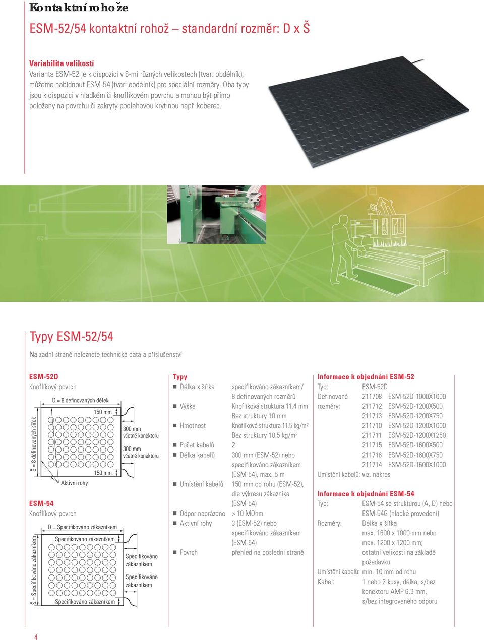 Typy ESM-52/54 Na zadní straně naleznete technická data a příslušenství ESM-52D Knoflíkový povrch Š = 8 definovaných šířek ESM-54 Knoflíkový povrch Š = D = 8 definovaných délek Aktivní rohy 150 mm