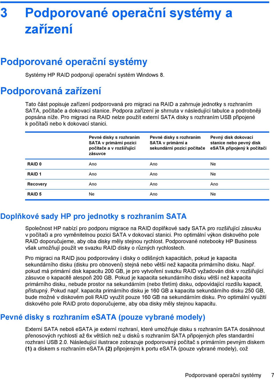 Podpora zařízení je shrnuta v následující tabulce a podrobněji popsána níže. Pro migraci na RAID nelze použít externí SATA disky s rozhraním USB připojené k počítači nebo k dokovací stanici.