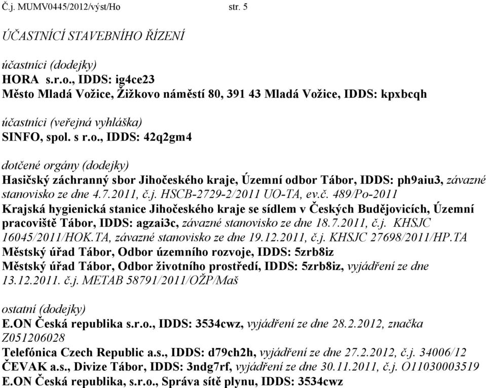 7.2011, č.j. KHSJC 16045/2011/HOK.TA, závazné stanovisko ze dne 19.12.2011, č.j. KHSJC 27698/2011/HP.