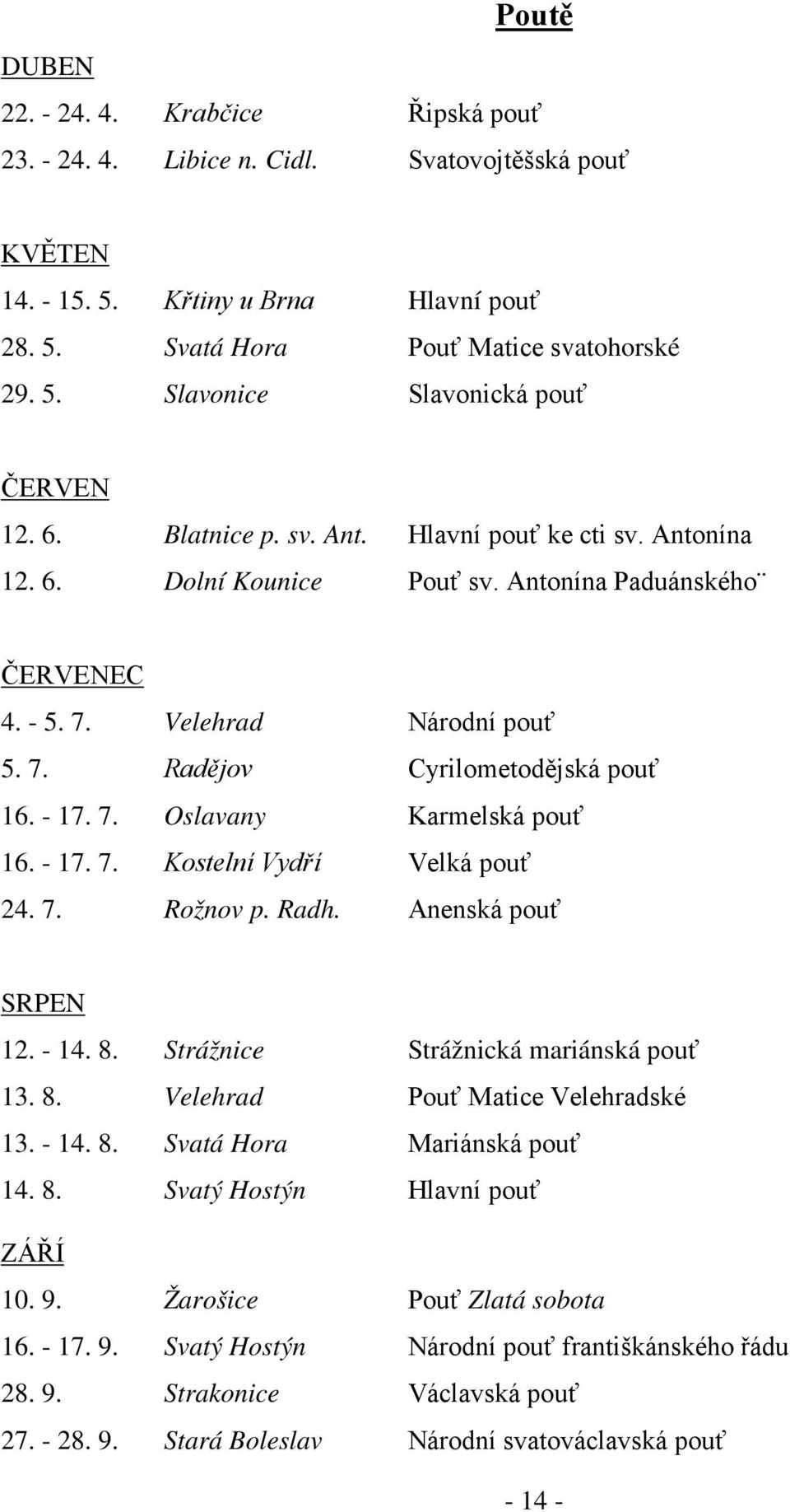 - 17. 7. Kostelní Vydří Velká pouť 24. 7. Rožnov p. Radh. Anenská pouť SRPEN 12. - 14. 8. Strážnice Strážnická mariánská pouť 13. 8. Velehrad Pouť Matice Velehradské 13. - 14. 8. Svatá Hora Mariánská pouť 14.