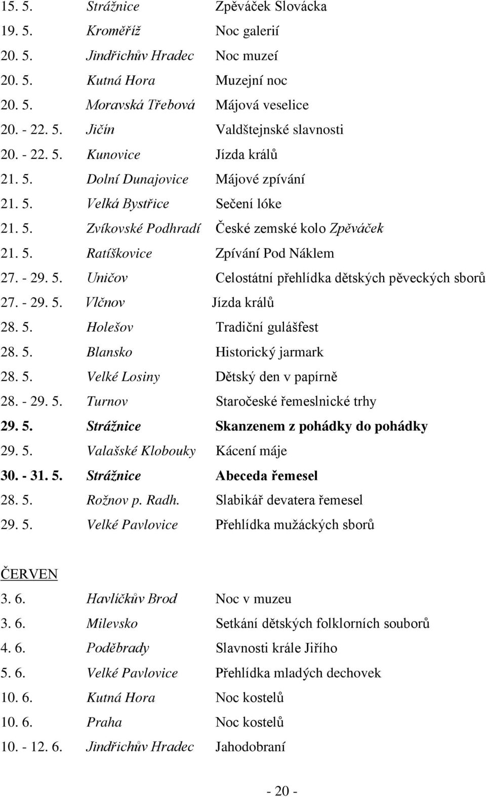 - 29. 5. Uničov Celostátní přehlídka dětských pěveckých sborů 27. - 29. 5. Vlčnov Jízda králů 28. 5. Holešov Tradiční gulášfest 28. 5. Blansko Historický jarmark 28. 5. Velké Losiny Dětský den v papírně 28.