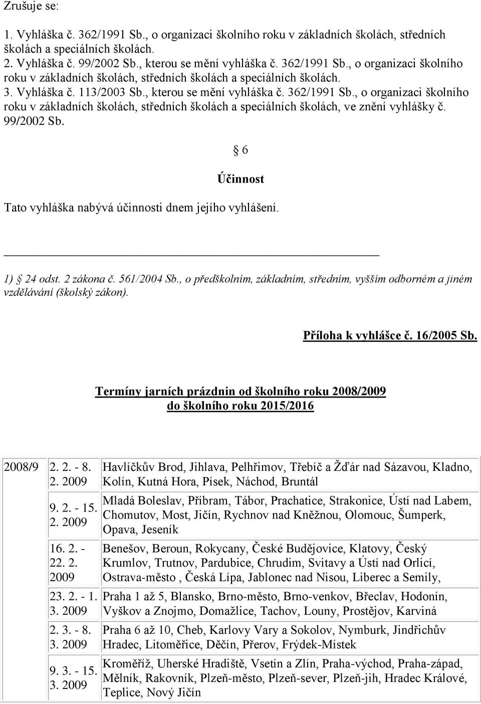 6 Účinnost Tato vyhláška nabývá účinnosti dnem jejího vyhlášení. 1) 24 odst. 2 zákona č. 561/2004 Sb., o předškolním, základním, středním, vyšším odborném a jiném vzdělávání (školský zákon).