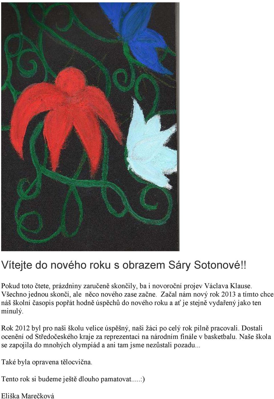 Začal nám nový rok 2013 a tímto chce náš školní časopis popřát hodně úspěchů do nového roku a ať je stejně vydařený jako ten minulý.