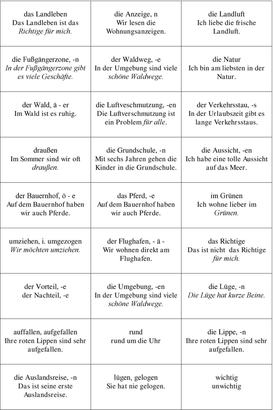 der Wald, ä - er Im Wald ist es ruhig. die Luftveschmutzung, -en Die Luftverschmutzung ist ein Problem für alle. der Verkehrsstau, -s In der Urlaubszeit gibt es lange Verkehrsstaus.