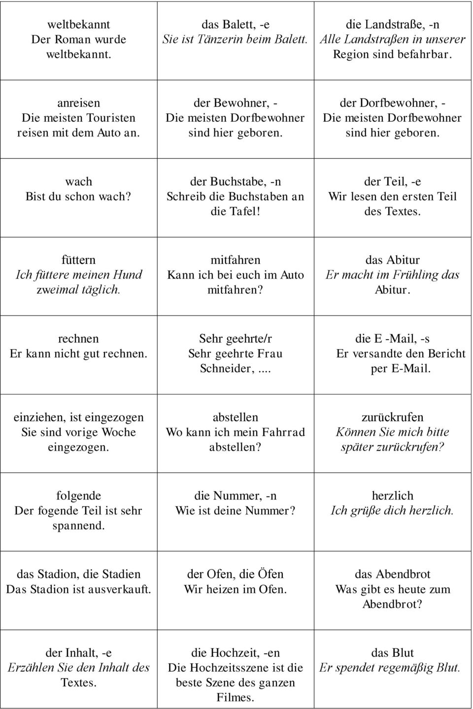 wach Bist du schon wach? der Buchstabe, -n Schreib die Buchstaben an die Tafel! der Teil, -e Wir lesen den ersten Teil des Textes. füttern Ich füttere meinen Hund zweimal täglich.