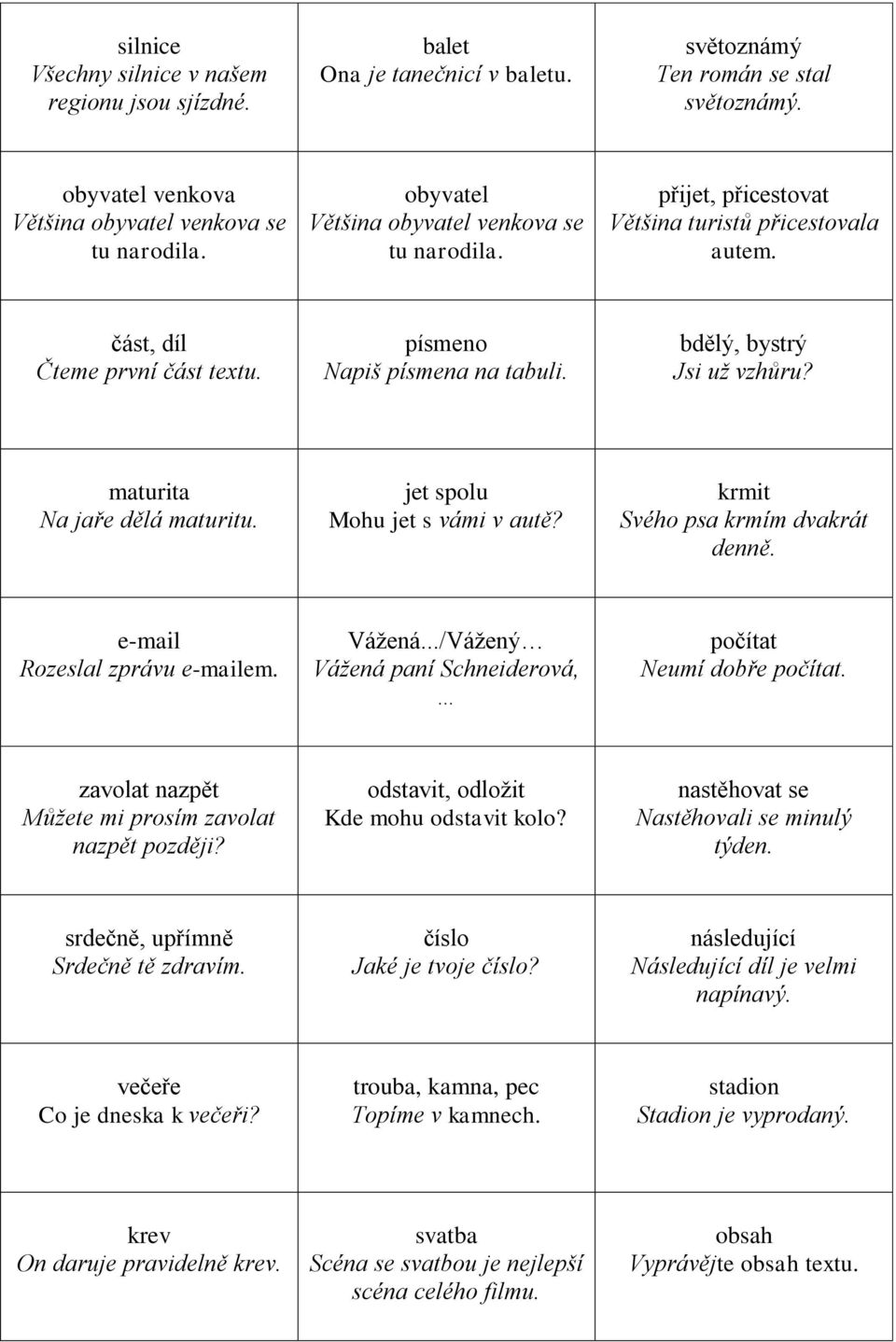 bdělý, bystrý Jsi už vzhůru? maturita Na jaře dělá maturitu. jet spolu Mohu jet s vámi v autě? krmit Svého psa krmím dvakrát denně. e-mail Rozeslal zprávu e-mailem. Vážená.