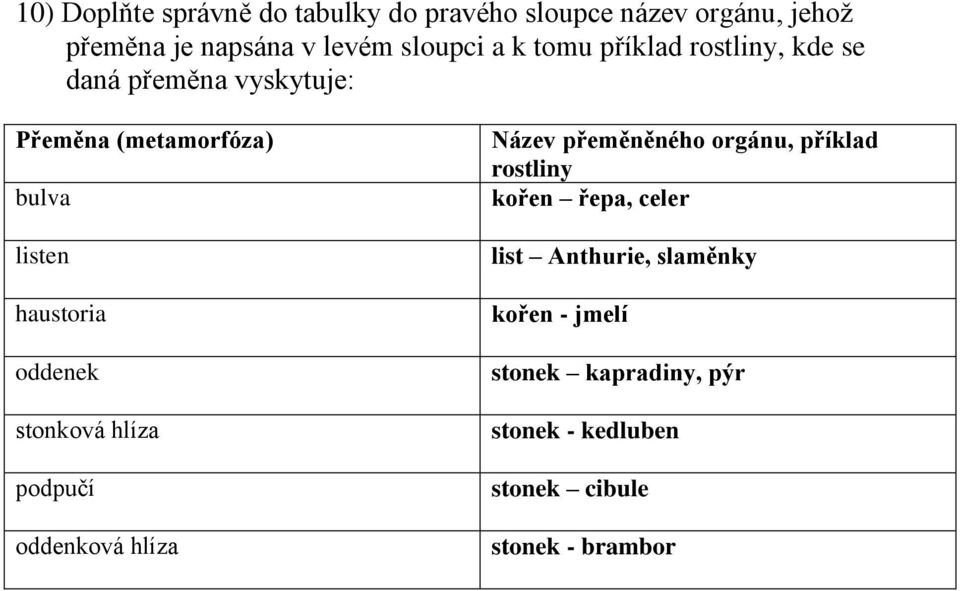 oddenek stonková hlíza podpučí oddenková hlíza Název přeměněného orgánu, příklad rostliny kořen řepa,