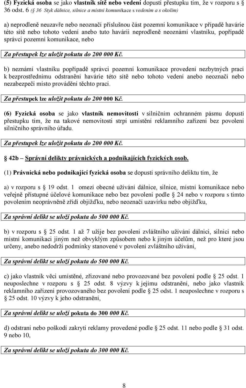 tuto havárii neprodleně neoznámí vlastníku, popřípadě správci pozemní komunikace, nebo Za přestupek lze uložit pokutu do 200 000 Kč.