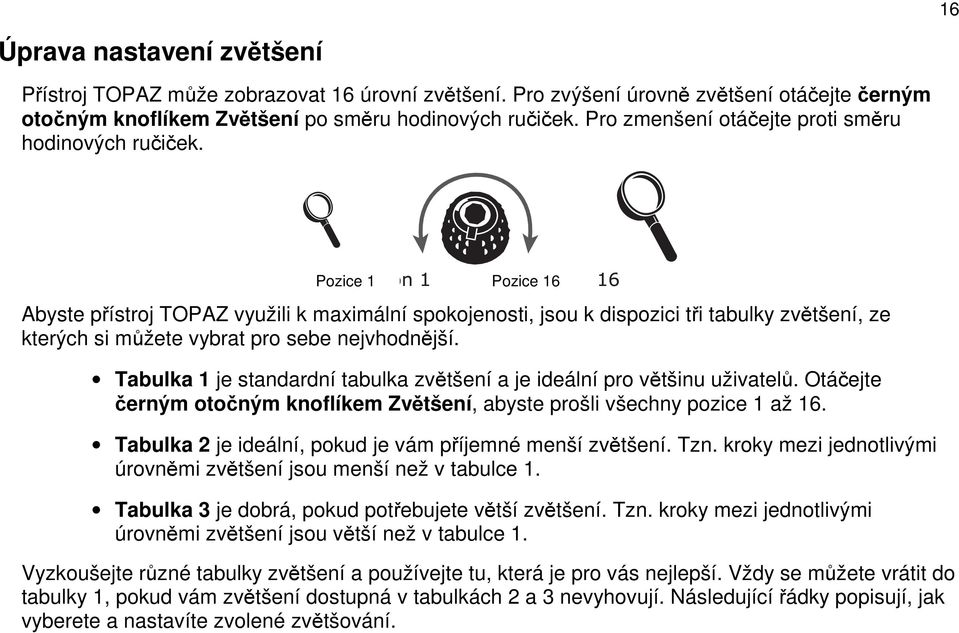 Pozice 1 Pozice 16 Abyste přístroj TOPAZ využili k maximální spokojenosti, jsou k dispozici tři tabulky zvětšení, ze kterých si můžete vybrat pro sebe nejvhodnější.