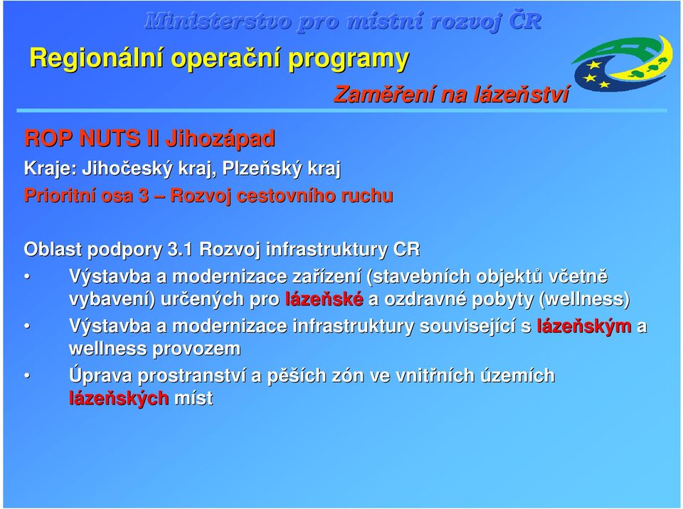 1 Rozvoj infrastruktury CR Výstavba a modernizace zařízen zení (stavebních objektů včetně vybavení) ) určených pro