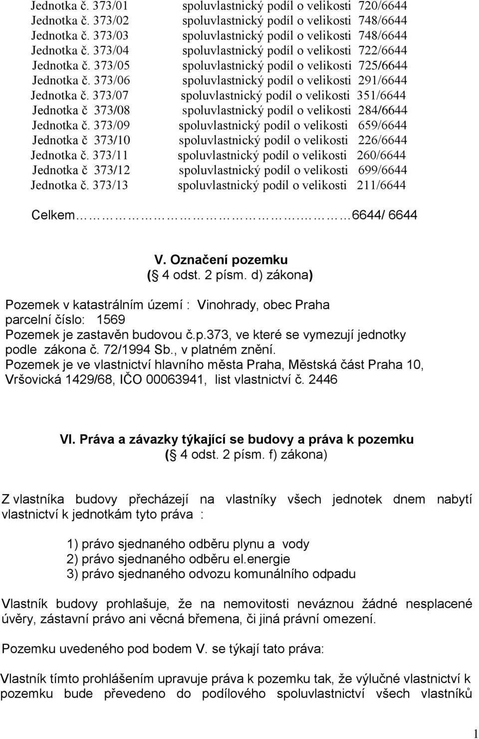 373/07 spoluvlastnický podíl o velikosti 35/6644 Jednotka č 373/08 spoluvlastnický podíl o velikosti 284/6644 Jednotka č.