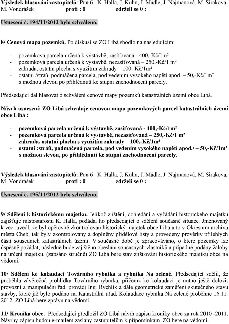 plocha s využitím zahrady 100,-Kč/1m² - ostatní /stráň, podmáčená parcela, pod vedením vysokého napětí apod. 50,-Kč/1m² s možnou slevou po přihlédnutí ke stupni znehodnocení parcely.